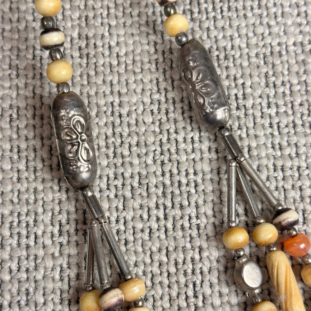 Vintage 70s Earthy Multi Strand Necklace Carnelian Agate Bone Silver Metal Beads - Picture 5 of 12